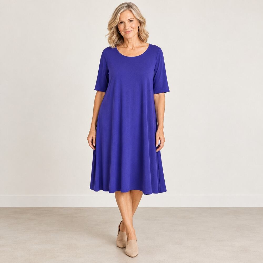 Eileen Fisher Blue A Line Dress Women’s Short Sleeve Scoop Neck Flowy Medium
